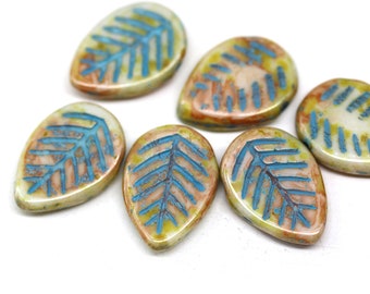 Picasso Czech glass large leaf beads blue inlays side drilled 12x16mm leaves 6pc - 3925