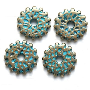 Large Brass Rondelle beads Patina Rondel spacer beads 14mm Round metal greek Wheel beads 4pc - F468