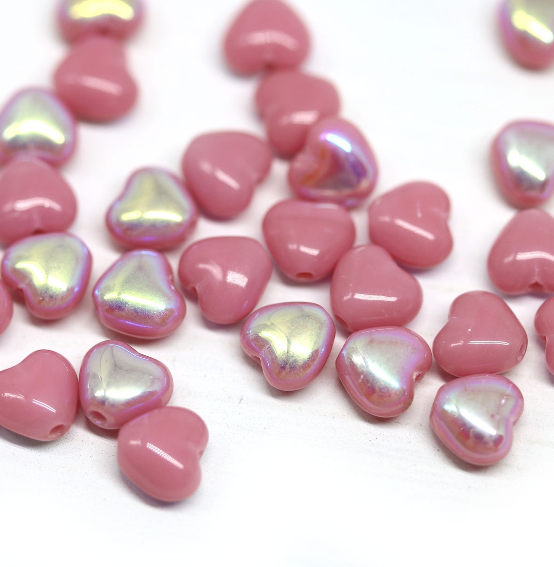 Czech glass heart beads charms 20pc translucent red AB 10mm