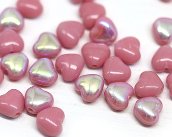 Small pink heart beads 6mm Czech glass pressed beads AB finish 30pc - 3316