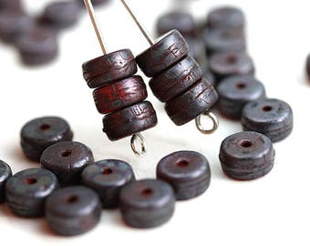 Dark Red Rondelle beads 6x3mm pressed czech glass rustic spacers 3x6mm Matte Metallic luster rondels - 40Pc - 2919