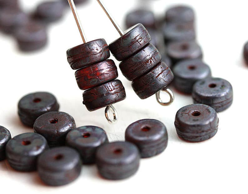 Dark Red Rondelle beads 6x3mm pressed czech glass rustic spacers 3x6mm Matte Metallic luster rondels 40Pc 2919 image 1