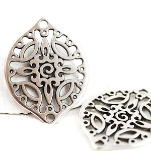 2pc Antique silver Filigree charms, Large Oval metal pendant Drop beads, Openwork connector, Greek metal casting - F530