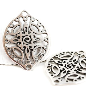 2pc Antique silver Filigree charms, Large Oval metal pendant Drop beads, Openwork connector, Greek metal casting F530 image 1