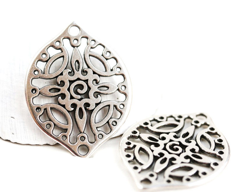 2pc Antique silver Filigree charms, Large Oval metal pendant Drop beads, Openwork connector, Greek metal casting F530 image 1