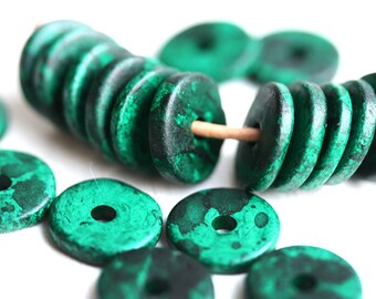 25Pc Greek Ceramic rondelle beads - Dark Teal Green with Splashes - 13mm spacer, rondel, washer, round bead - 1187