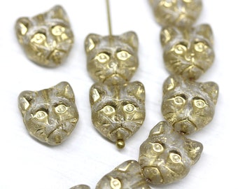 10pc Golden wash cat beads, crystal clear czech glass feline kitty beads, hole top to bottom - 0647