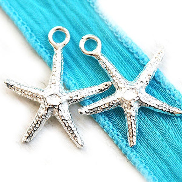 Silver Starfish charms, sea star beads, Greek metal casting, nautical beach charms - 20mm - 2pc - F026
