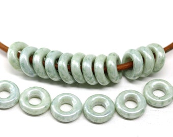 10mm Antique green ring beads Czech glass pressed beads for leather cord, hole size 3.5mm, 20Pc - 5452