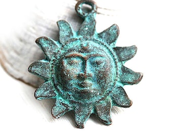 Celestial Sun pendant Green patina boho charm Verdigris patina Sun charms Bohemian pendant bead 29mm Lead Free - F375