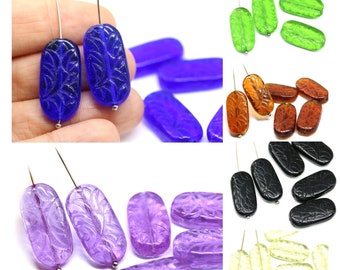 25x12mm Large oval flat czech glass beads with ornament Blue large beads, Green oval beads 6pc