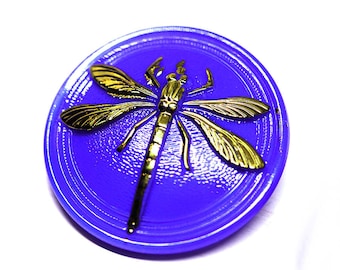 31mm Periwinkle Blue Button with Golden Dragonfly, Czech Glass Blue bead Handmade Button size 14, 1pc - 2390