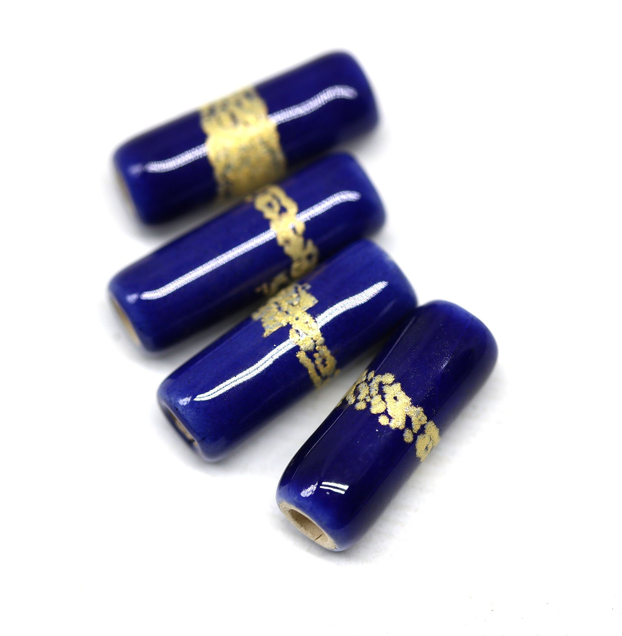Dark blue long tube beads gold band beads enamel ceramic Etsy