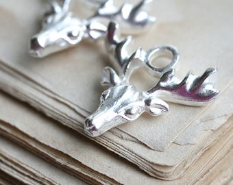 Deer Elk charms Silver Antlers Silver deer charms Greek metal casting Silver deer beads 2Pc - F112