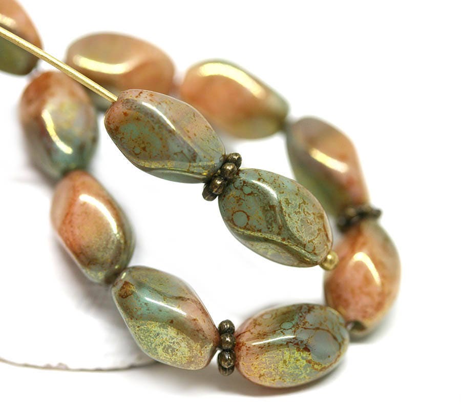 Luster Czech Glass Barrel Beads: Brown Green Oval Druk Beads (20pc