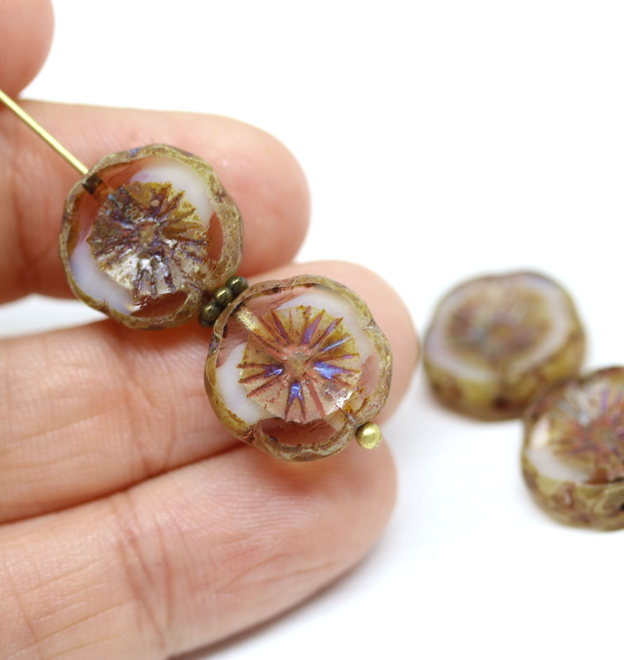 10 Perline Fiore In Vetro Ceco Zaffiro Picasso 14mm