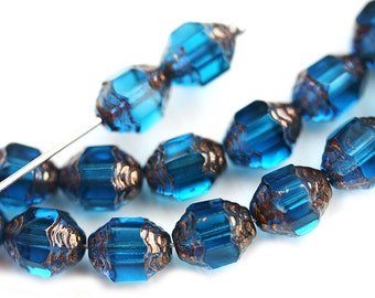 Cathedral barrel indicolite blue Czech glass beads fire polished 8x6mm - 15Pc - 5612