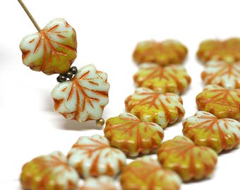 Maple leaf beads Mint Green czech glass leaves Green Orange leaf beads Fall colors pressed beads - 11x13mm - 10Pc - 1929