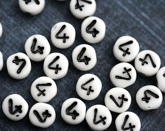 Glass Number beads, white czech glass beads with black inlays, number 4 bead, symbol, 6mm - 25pc - 2466