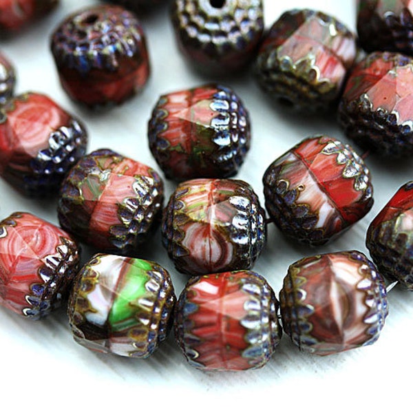 Cathedral Czech Glass beads mix in Red, Brown, Green, earthy colors, round fire polished beads - 10mm - 10Pc - 0495