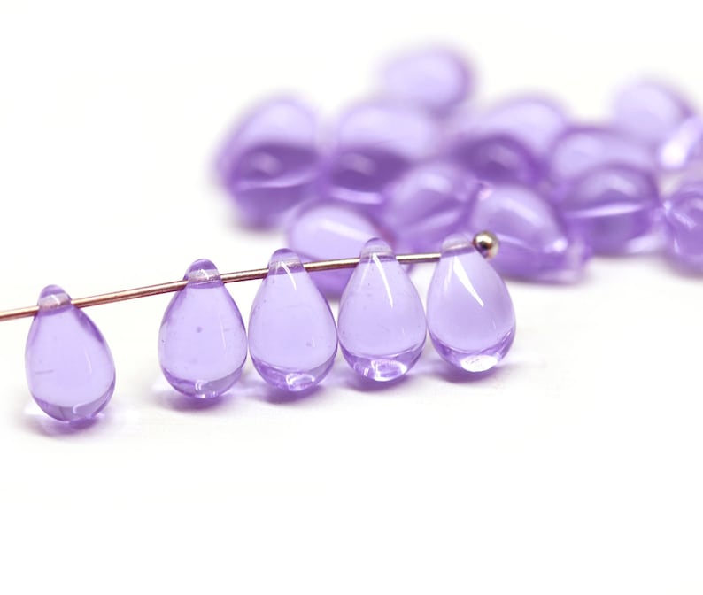 6x9mm Lilac teardrop czech glass beads, light purple drop beads 20pc 0256 image 1