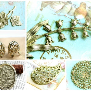 May include: Assortment of gold metal embellishments for jewelry making, including leaves, flowers, and filigree designs.