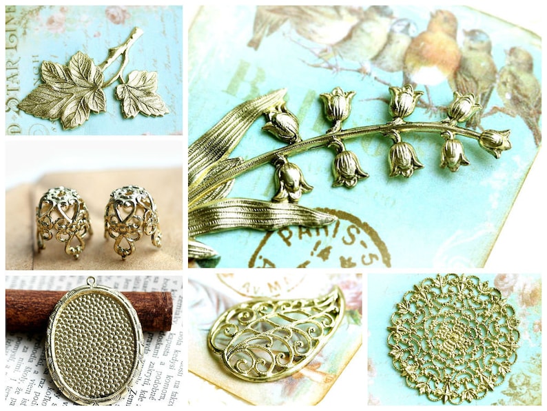 May include: Assortment of gold metal embellishments for jewelry making, including leaves, flowers, and filigree designs.
