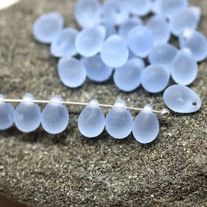 Frosted blue teardrops Seaglass finish 5x7mm Czech glass top drilled drop beads, 50pc - 2072