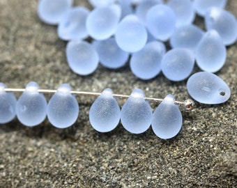 Frosted blue teardrops Seaglass finish 5x7mm Czech glass top drilled drop beads, 50pc - 2072