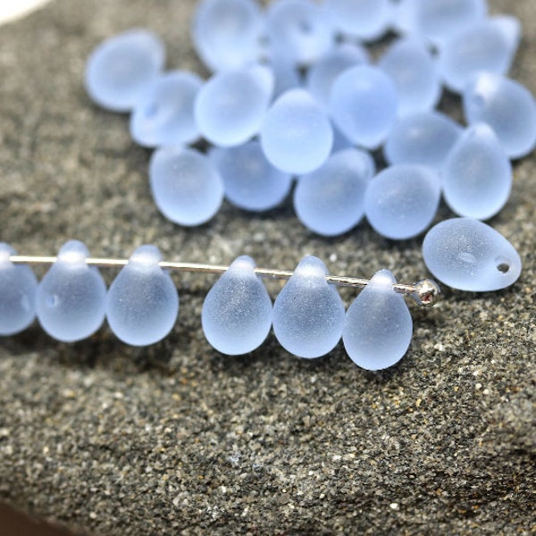 Frosted blue teardrops Seaglass finish 5x7mm Czech glass top drilled drop beads, 50pc - 2072