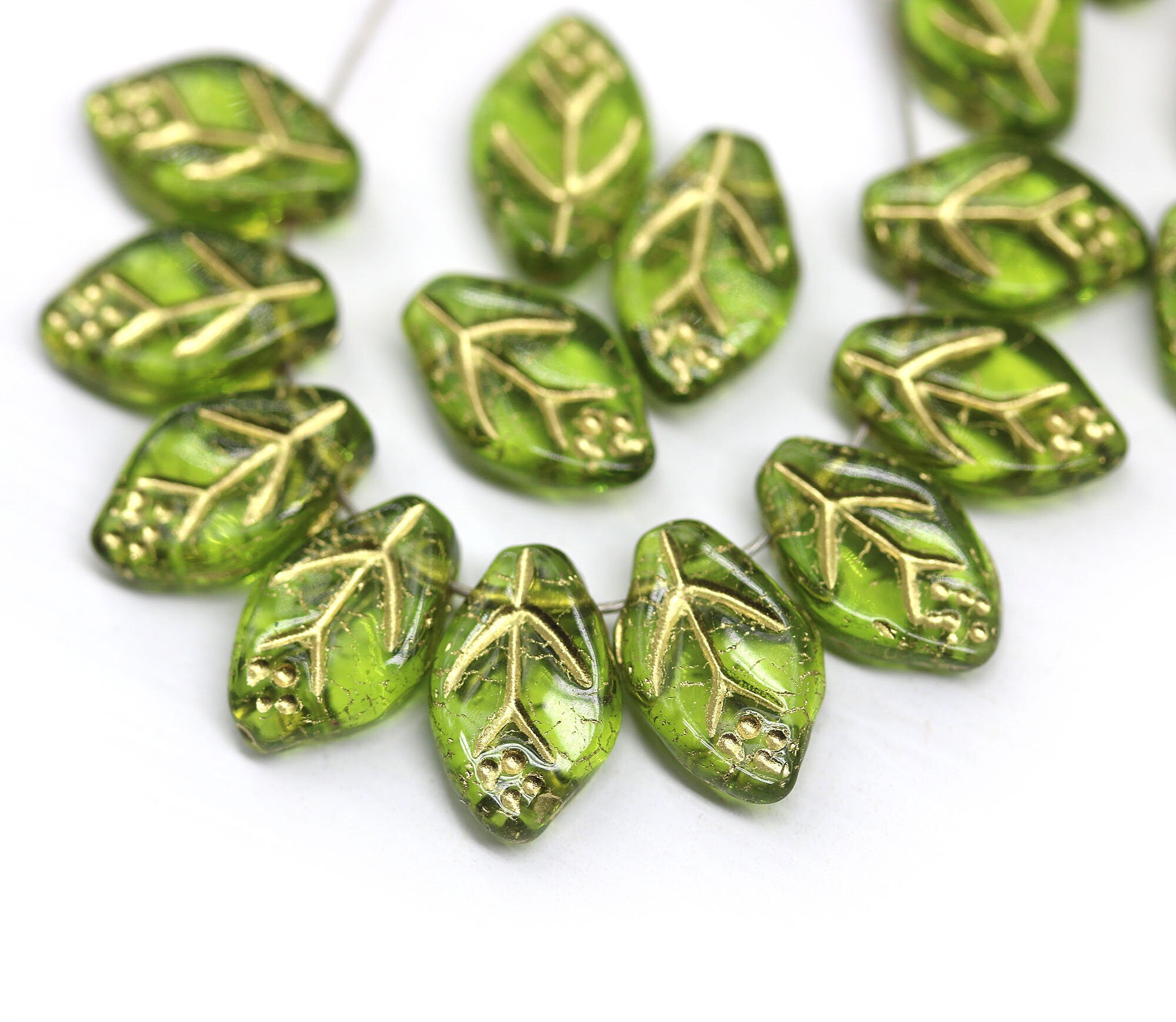 12x7mm Green leaf beads Gold wash Czech glass pressed leaves Etsy