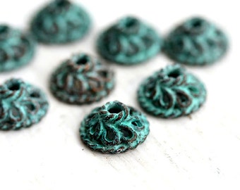 9mm Copper Bead cap Green patina jewelry findings Greek metal casting, Lead Free, patinated jewelry making supply 6Pc - F196