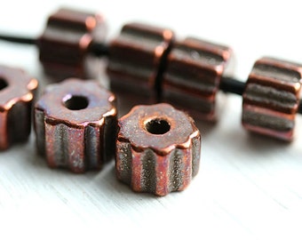 Copper beads, greek ceramic metalized beads, Wheels spacers, rondelle, washer, for leather cord, 8pc - 2395