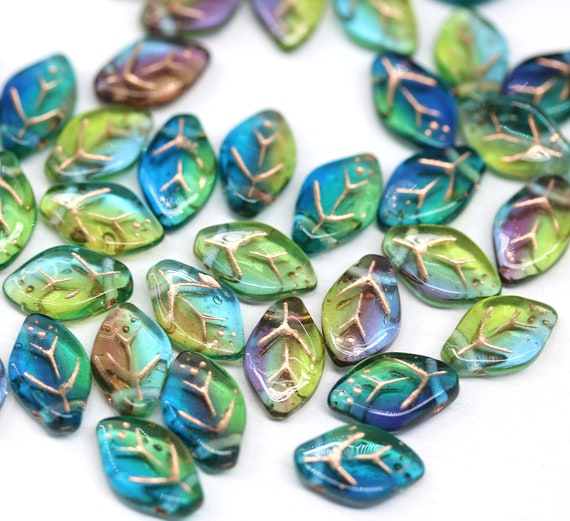 12x7mm Mixed blue green leaf beads, yellow inlays Czech glass, 40pc