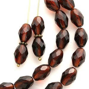 11x8mm Dark Brown Topaz Olive shaped beads, czech glass fire polished oval beads - 20Pc - 0672