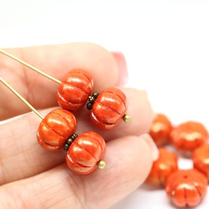 Orange pumpkin beads rustic luster 7x11mm rondelle Czech glass carved pressed beads 5449 image 9