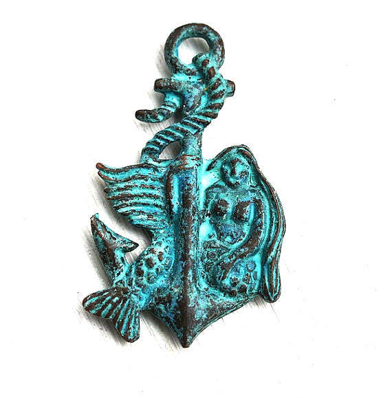 Verdigris Mermaid Anchor Pendant: Green Patina Nautical Bead (45mm)