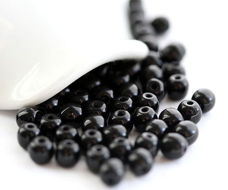 5mm Jet black round spacer beads, czech glass pressed black opaque druk beads, 50Pc 1491 image 1