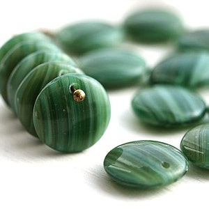 Pine green 12mm Lentil beads dark green czech glass beads top drilled rondelles, lentil shape - 20Pc - 0986