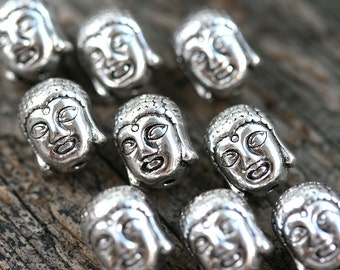 6pc Antique Silver Buddha Face Beads: Tibetan Style (11x9mm)
