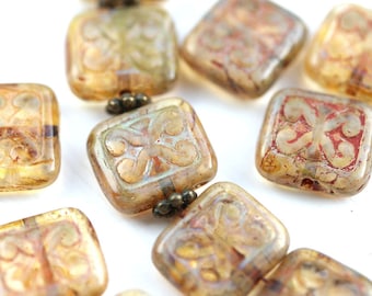 8pc Rustic Light yellow Picasso beads, 12mm Rectangle Swirls, Carved czech glass topaz beads - 12x11mm - 1479