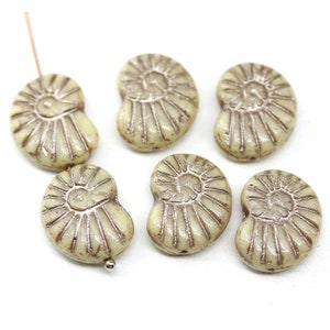 Nautilus Czech glass seashell beads, beige ammonite fossil 13x17mm, 6Pc - 1313