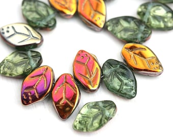 12x7mm Olivine leaves, Czech glass pressed leaf beads, Rainbow coating, top drilled, Olive green, 25pc - 2486