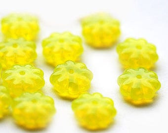 Lemon Yellow Flower czech glass rondelle beads, Opal Yellow floral beads, flat daisy flower - 9mm - 20pc - 0171