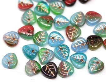 Green blue red triangle leaf beads Heart shaped Czech glass small leaves petals 30pc - 3787