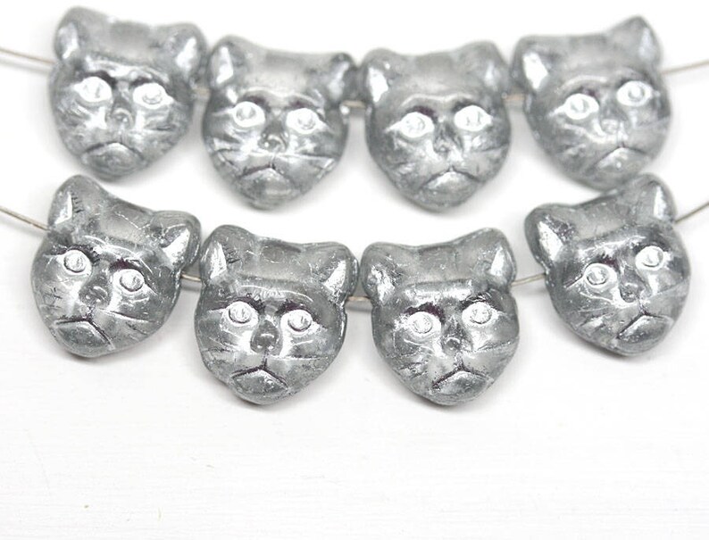 Gray Cat beads Silver wash czech glass beads Side drilled Silver cat Feline Kitty 8pc 0920 image 1