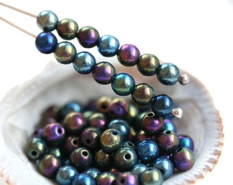 4mm Iris Beads mix, Metallic Blue Purple Green Czech glass beads, round spacers, druk, small beads - about 90pc - 2208