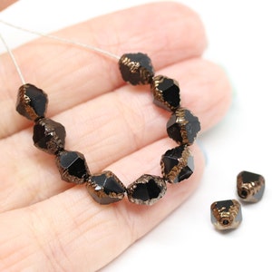 15pc Jet black bicone czech glass beads, Golden edge fire polished 8x6mm bicones 3277 image 3