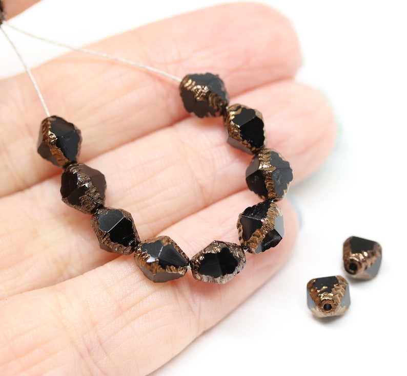 15pc Jet black bicone czech glass beads, Golden edge fire polished 8x6mm bicones 3277 image 3