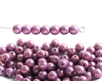 Purple Pink czech glass beads, 4mm round spacer druk beads, Lustered pink - approx.70Pc - 2778